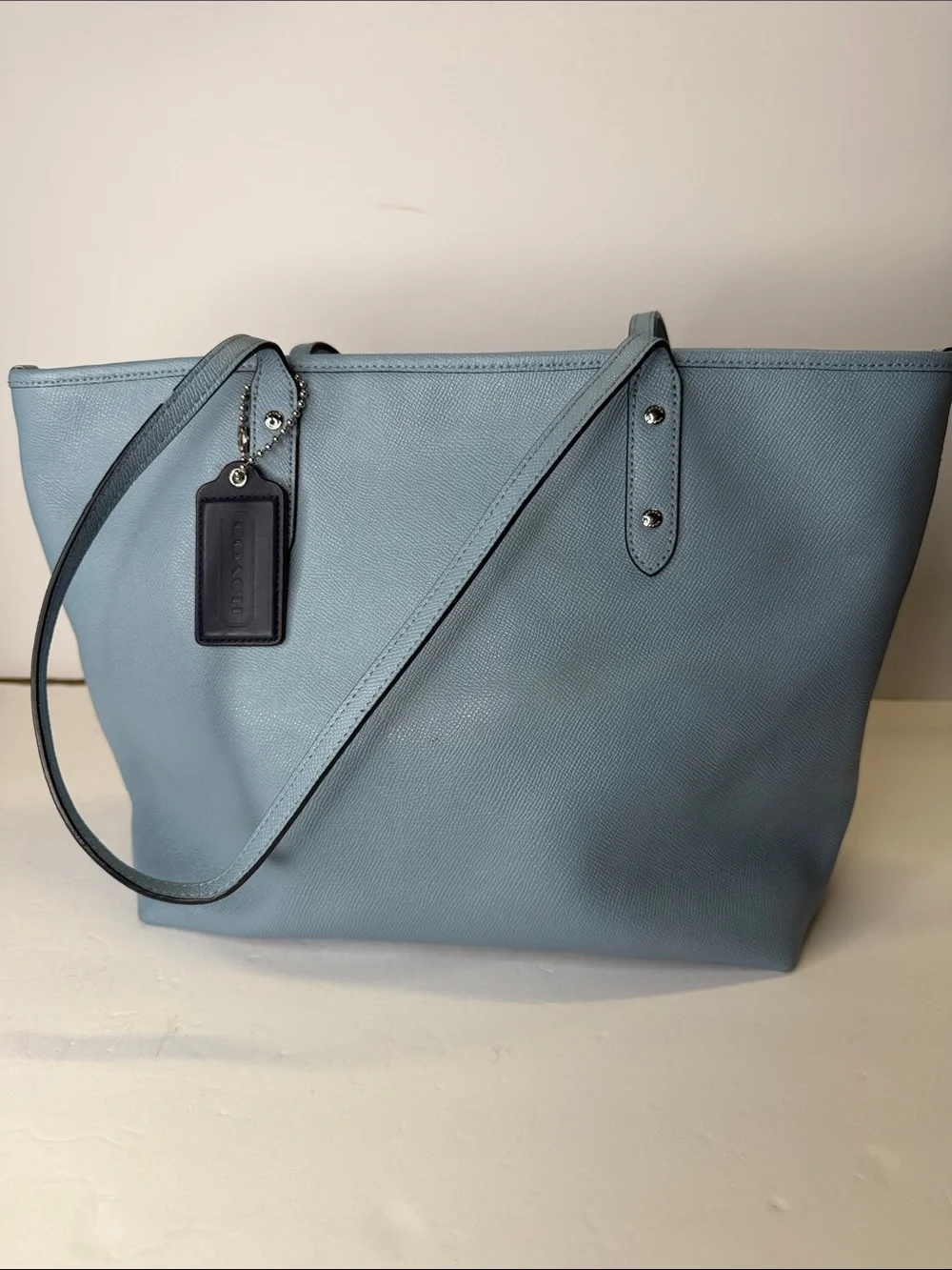 Coach Light Blue Leather Tote with Silver Hardware